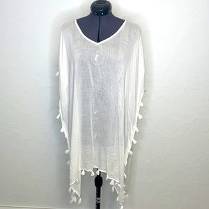 Elan Soma White Coverup Poncho w/ Fringe